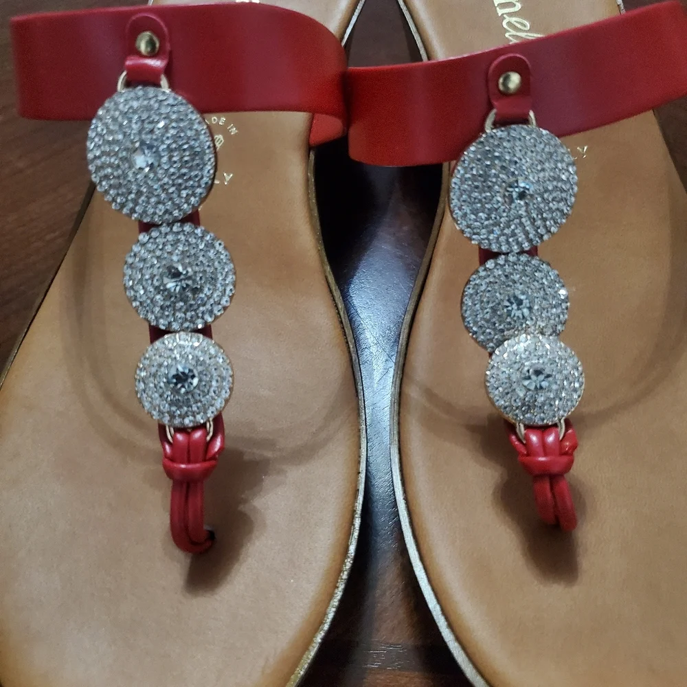 Toscanella Red Rhinestone Wedge Thong Sandals Made in Italy Womens Size 9 Dylan